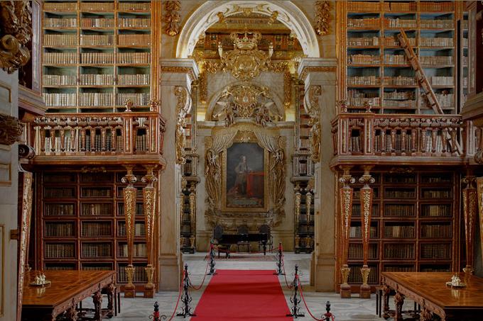 exterior of baroque library building with ornate front doorway