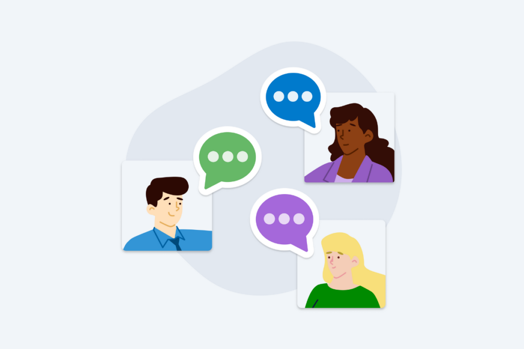 three people talking with speech bubbles