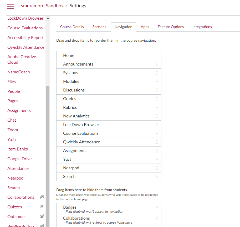 Navigation tab in Canvas Settings
