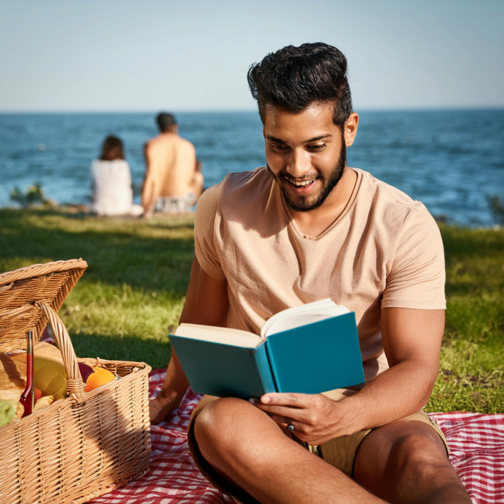 person reading a book sitting near the ocean with a picnic basket