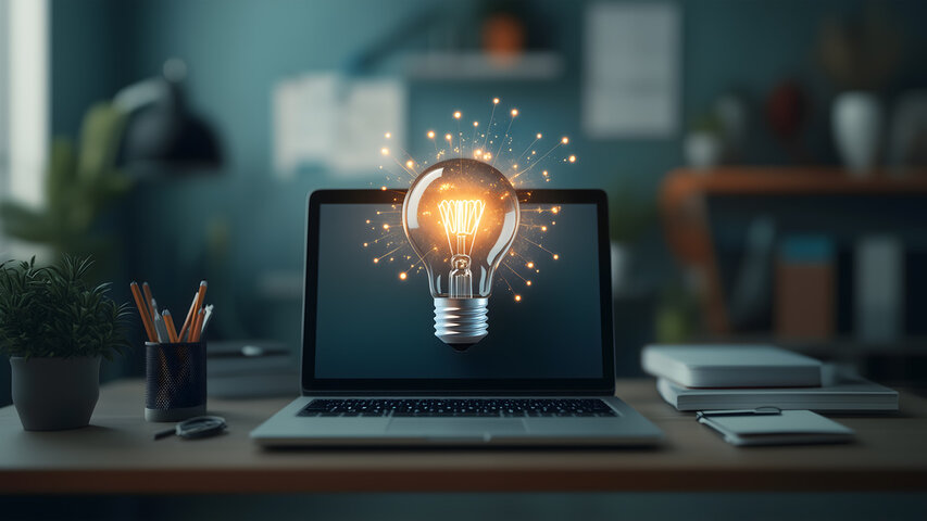 A light bulb coming out of a laptop screen