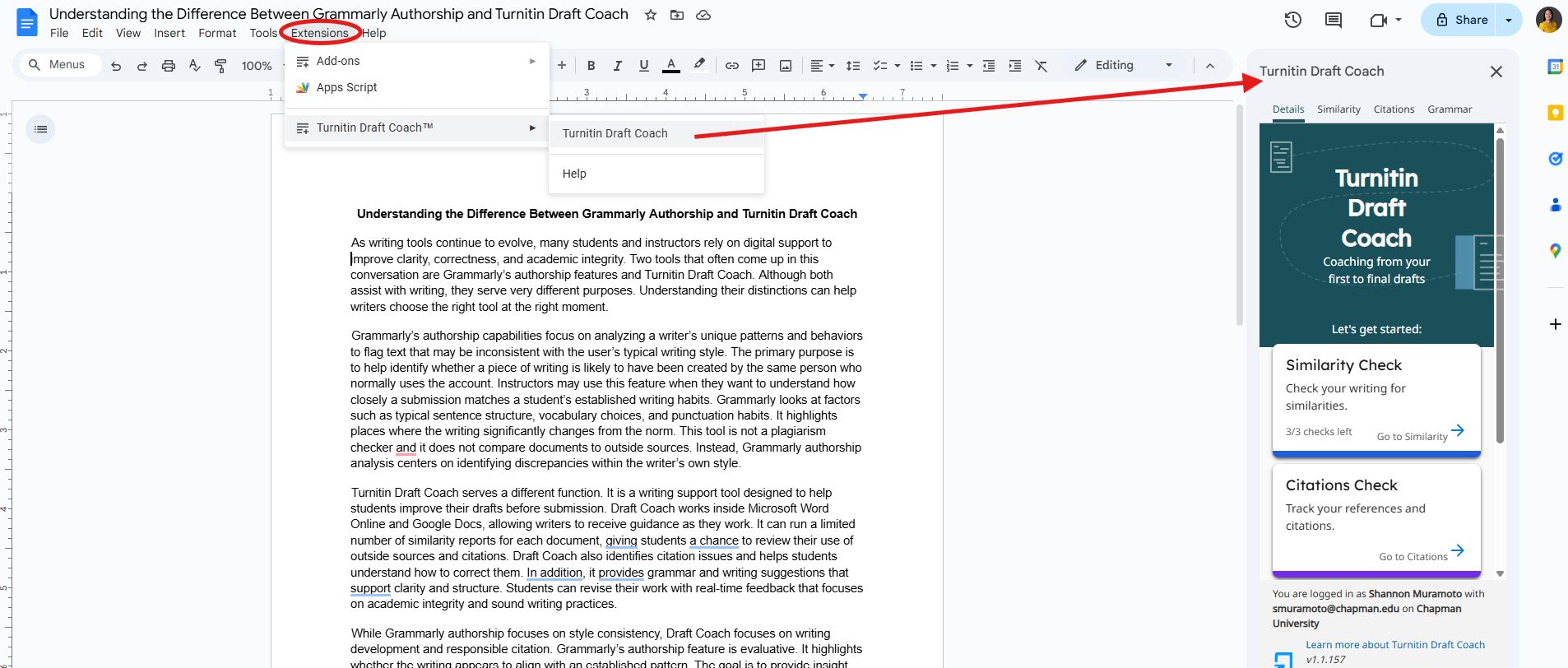 Screen Shot of Turnitin in Google Docs