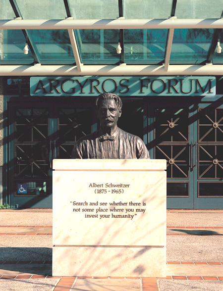 Bust of Albert Schweitzer in front of Argyros Forum