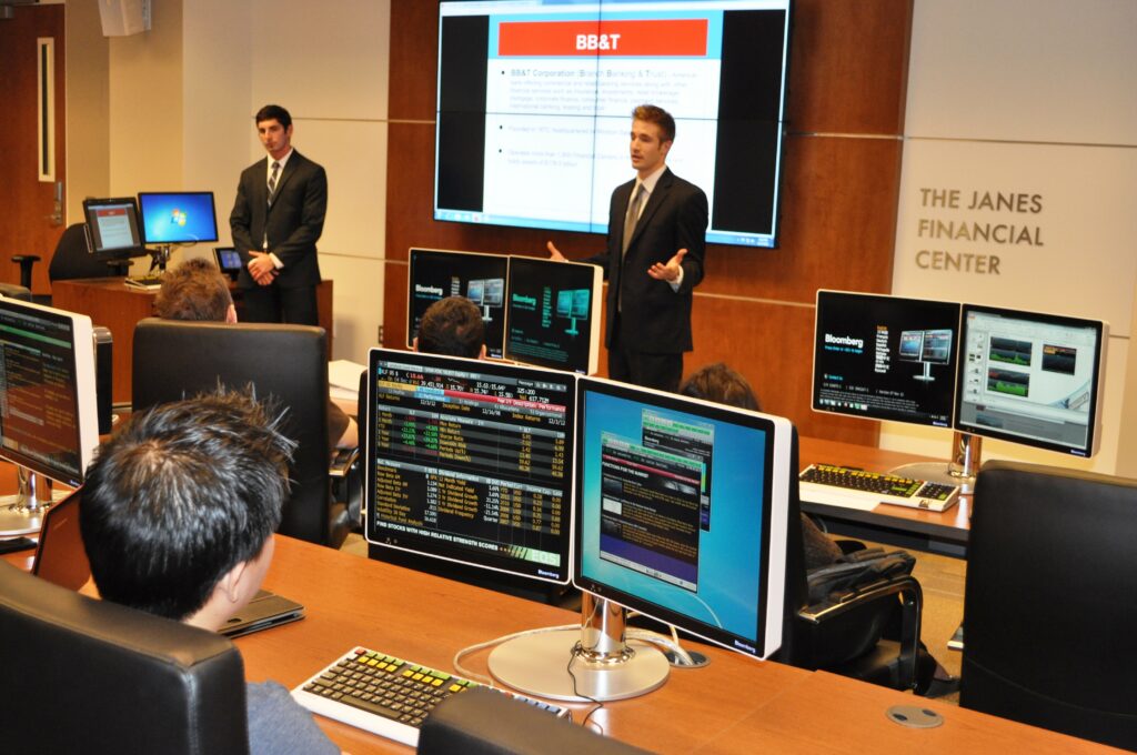 Chapman University Student portfolio managers presenting at the Janes Financial Center