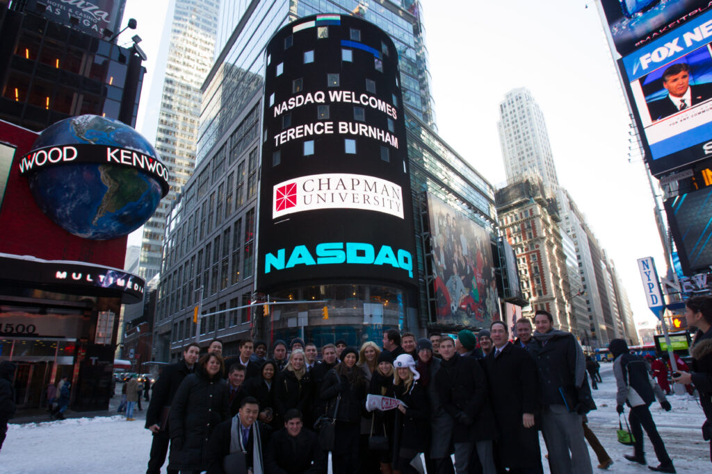 business students in group at Nasdaq outdoors