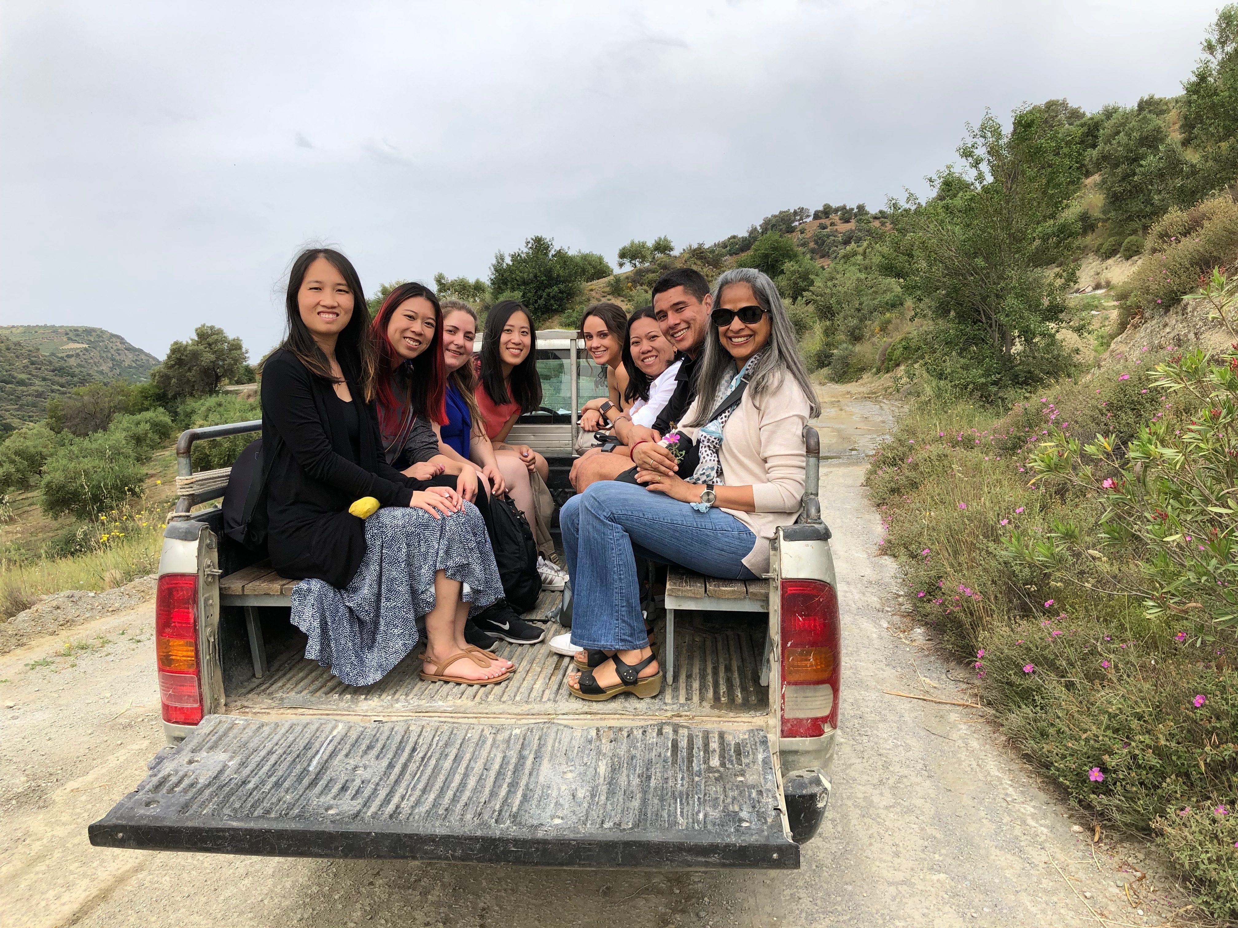 students in truck in Greece