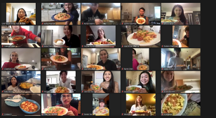Screenshot of people in cooking class with dish