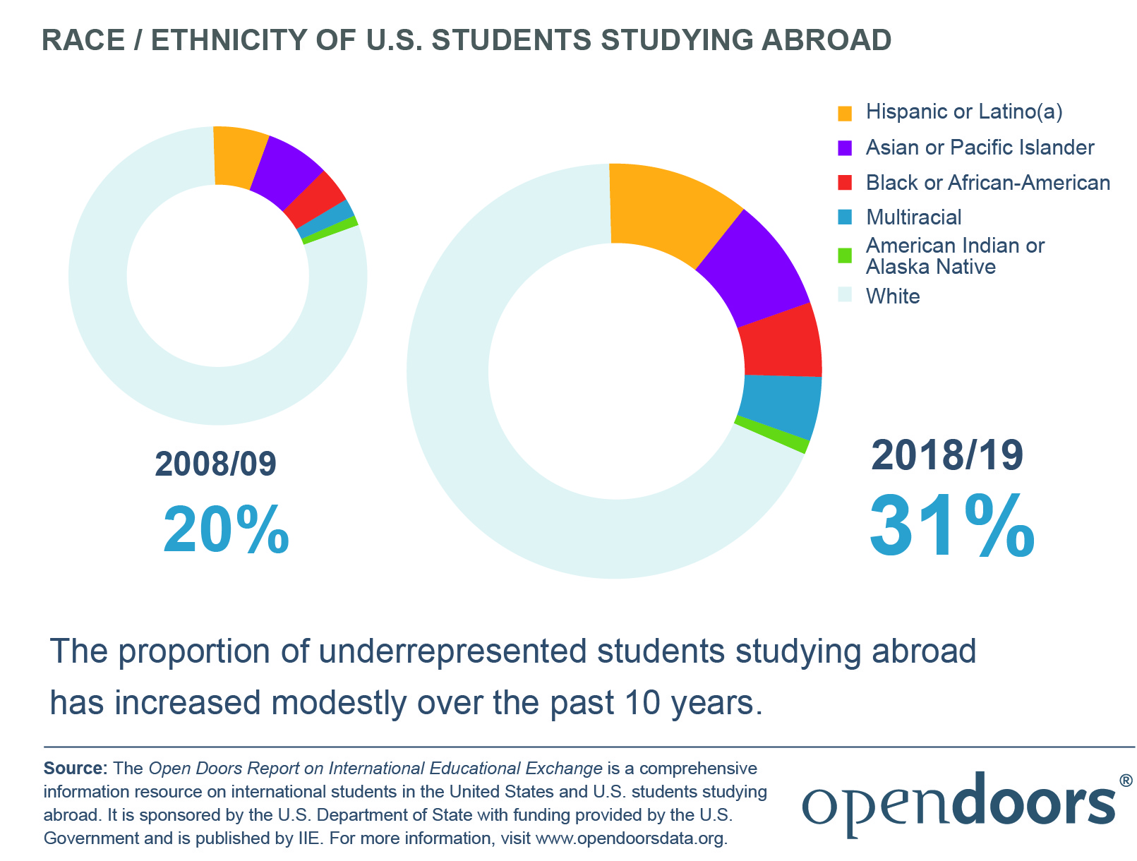 Race and ethnicity breakdown graphic of students abroad in 2018/19