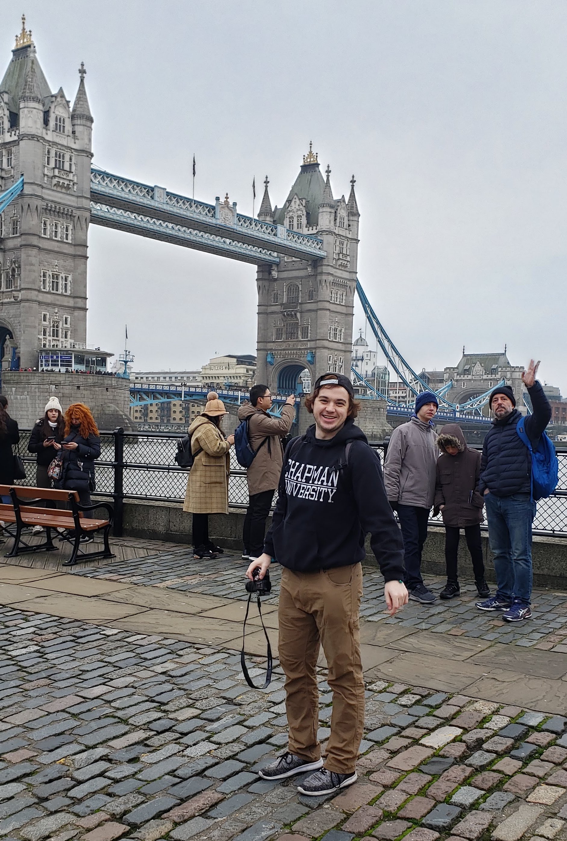 Student in front of London Bridge
