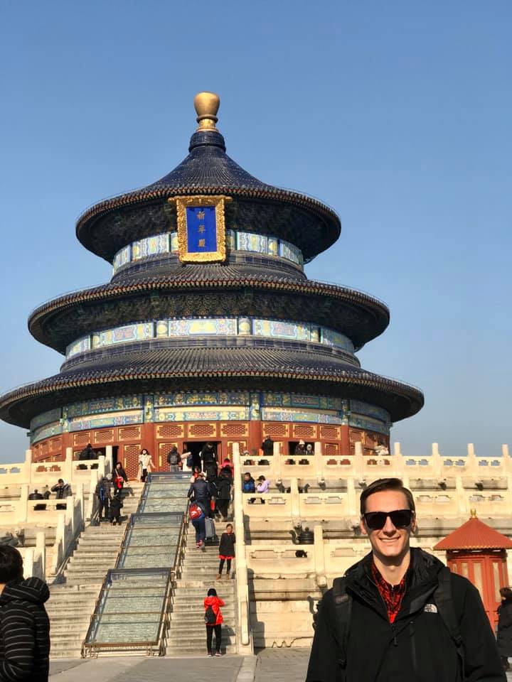 Student in front of temple in Taiwan