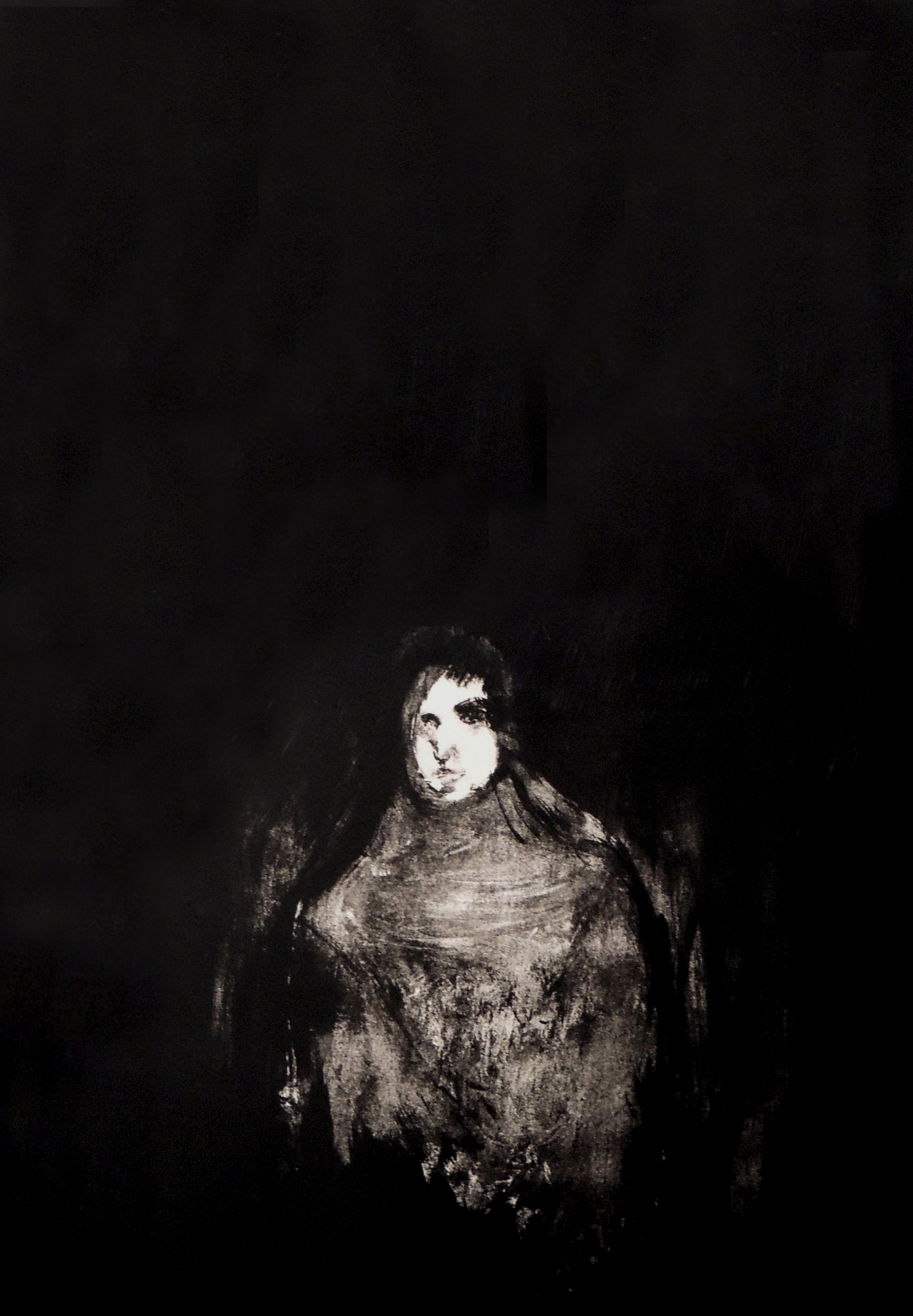 Dark black background with the outline of a female figure barely visible in the foreground.