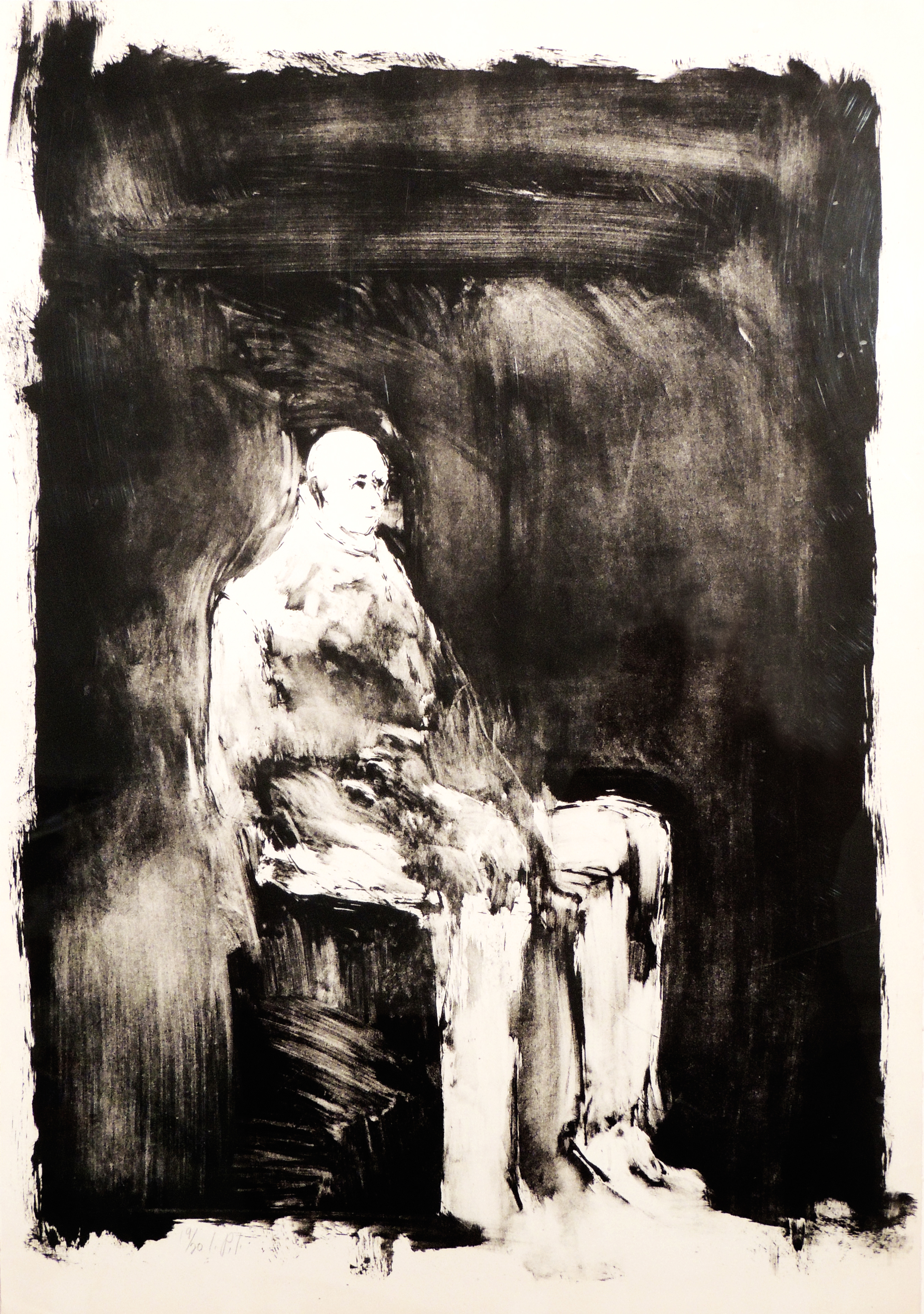 Black and white, sketchy rendering of a man sitting in a chair.