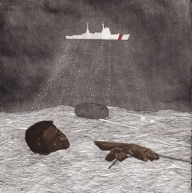 Image of African-American man sinking beneath the waves, holding on to a small rope. There is the outline of a ship floating in the distance.