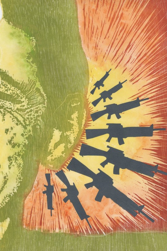 Green, close-up of the side of a woman's face with gun icons radiating out from her ear surrounded by orange and yellow lines.