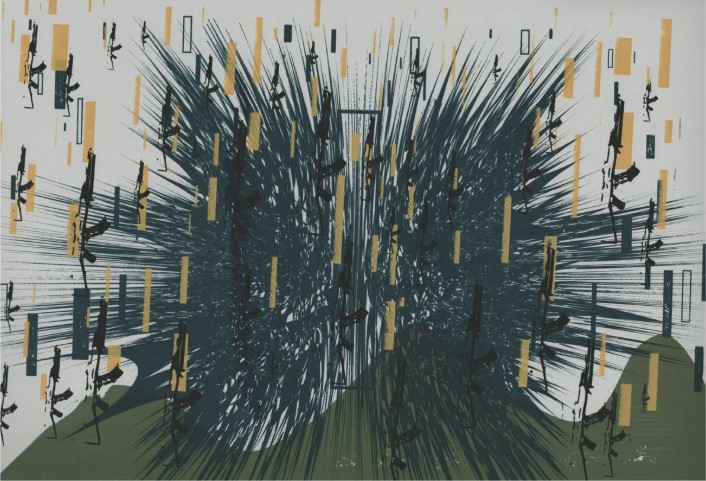 Abstract representation of an explosion made up of lines, rectangles, and gun icons radiating out from the center.