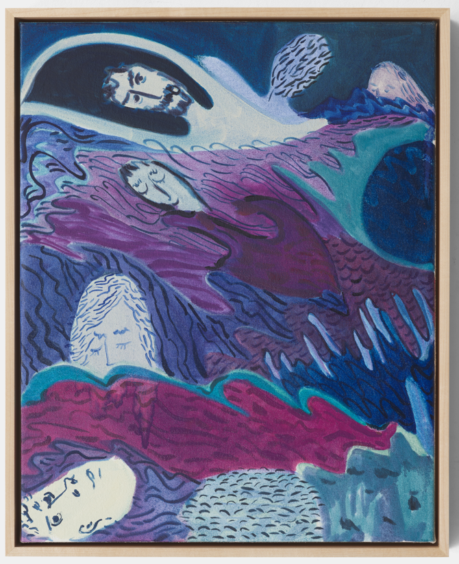 stylized image of people floating in purple and blue waves. Only their heads are visible.