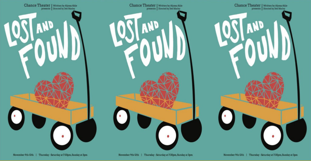 "Lost and Found" poster design of a heart in a wagon
