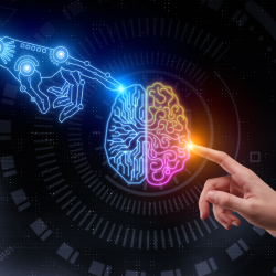 AI and student pinting at a AI generated brain in representation of collaboration with each other 