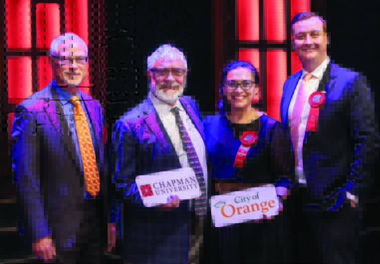Mayor Dan Slater, Chapman University President Daniele Struppa, Monica Espinoza (City of Orange Director of Human Resources), and Cody Kleen (City of Orange Human Resources Manager).
