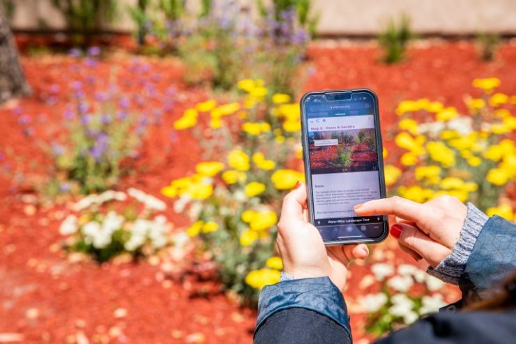 A smartphone and QR codes on campus signs provide access to Water-Wise Landscape Tour information.