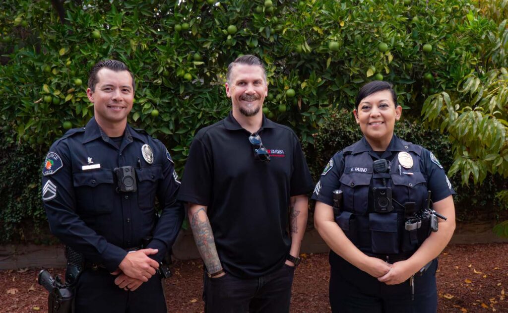 Sgt. Jordan Uemura from OPD, Chapman Community Relations Manager James Gerrard and Sgt. Adriana Pasino from Chapman Public Safety work together on the community liaison team to help keep local neighborhoods peaceful.
