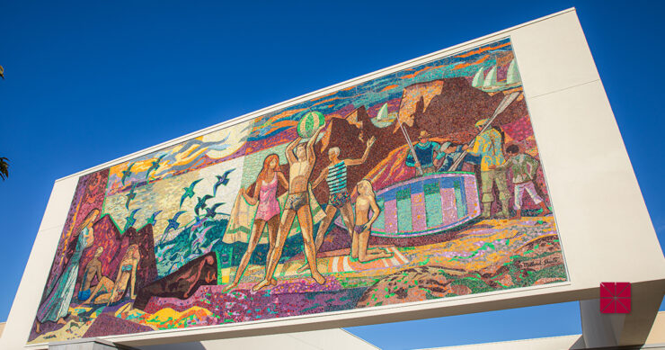 The museum features a restored 1950s mosaic by Millard Sheets, “The Pleasures Along the Beach,” originally created for the Home Savings building in Santa Monica, Calif.