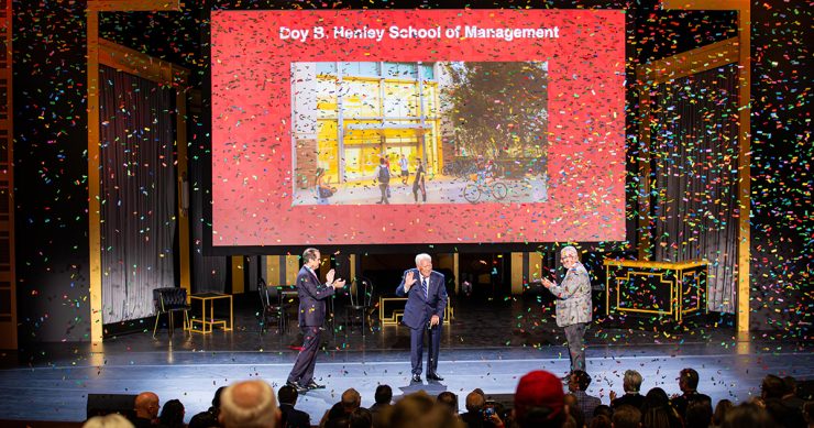 The new Doy B. Henley School of Management is announced at State of the University Feb. 9 at Musco Center for the Arts.