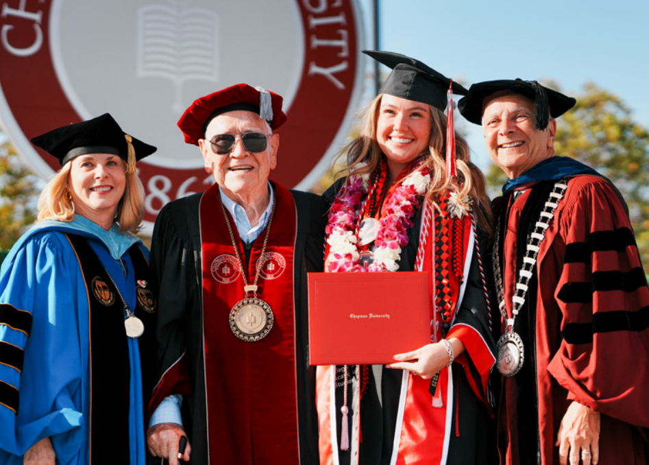 From left: Dean Dr. Roxanne Greitz Miller, Trustee Doy Henley, Kaitlyn Ambriz Holl ’25, and President Emeritus Dr. Jim Doti.