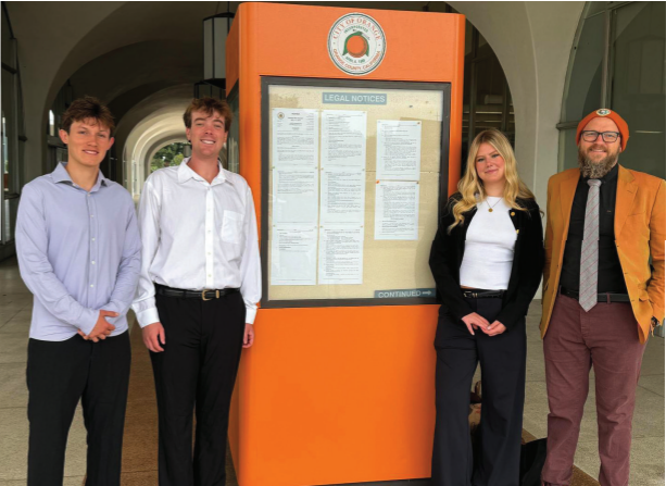 From le : Chapman University students Whit Wilder, Collin Murphy, and Nova Warnstrom, and Professor Kevin Meredit