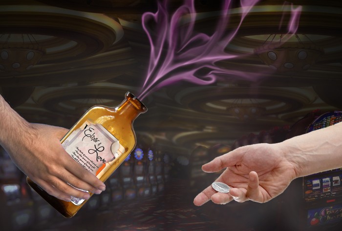 Artwork depicting an exchange of Elixir of Love and money.