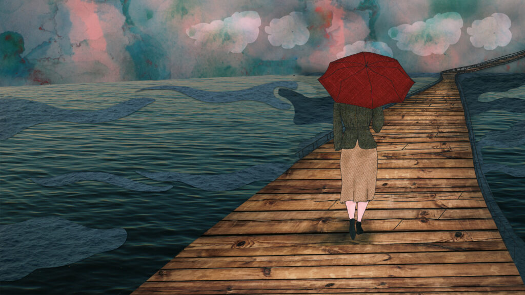 Art of woman walking with parasol on wooden bridge.