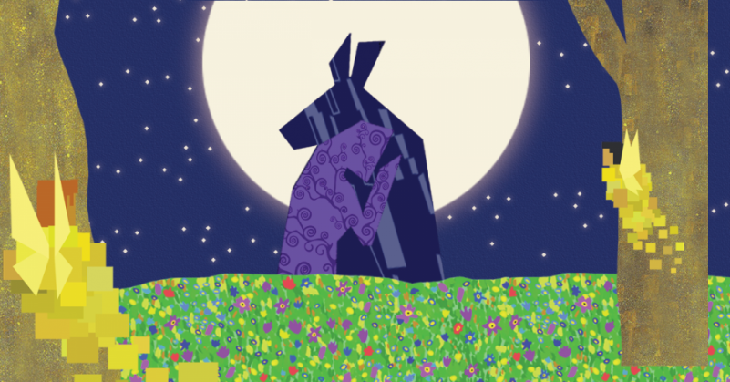 A Gustav Klimt-inspired illustration of a night forest scene with a large moon, a donkey figure and human figure embracing, and two small fairies watching from a distance.