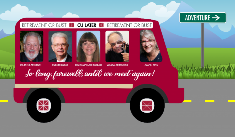 People on a bus trip toward retirement adventure.