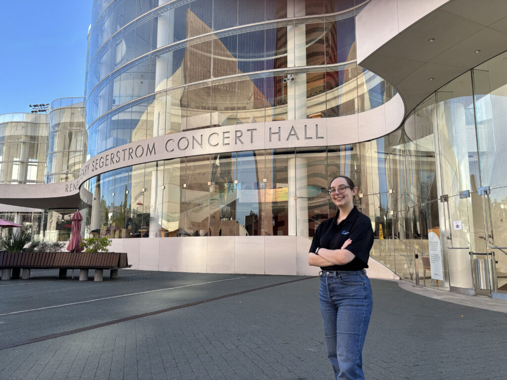 Kelly Picton in front of Segerstrom Concert Hall