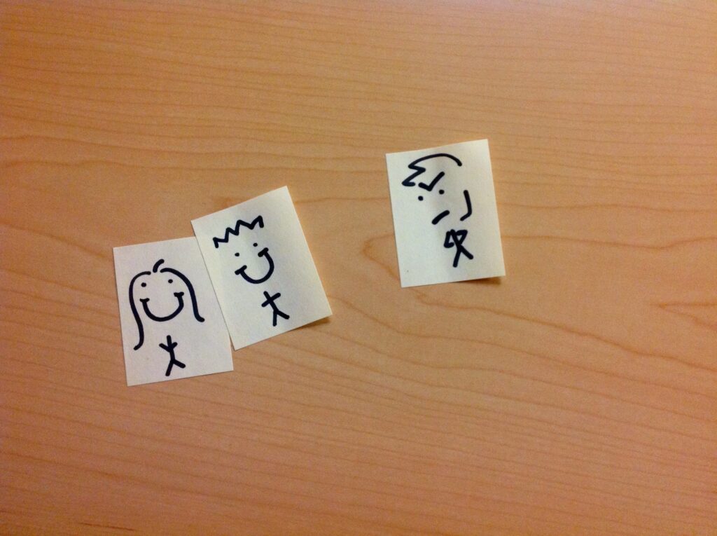 Sticky notes with people drawn on them