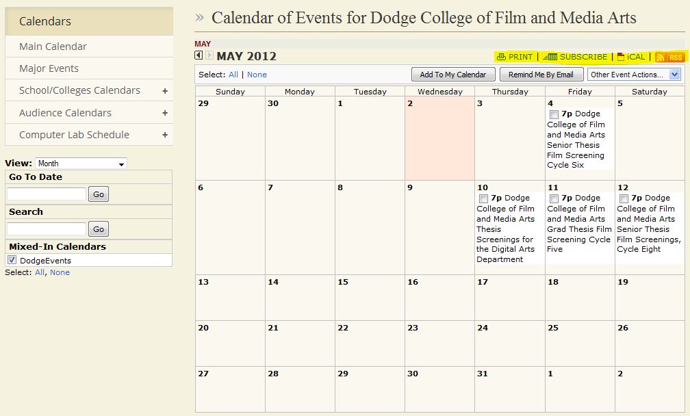 Dodge College external events calendar