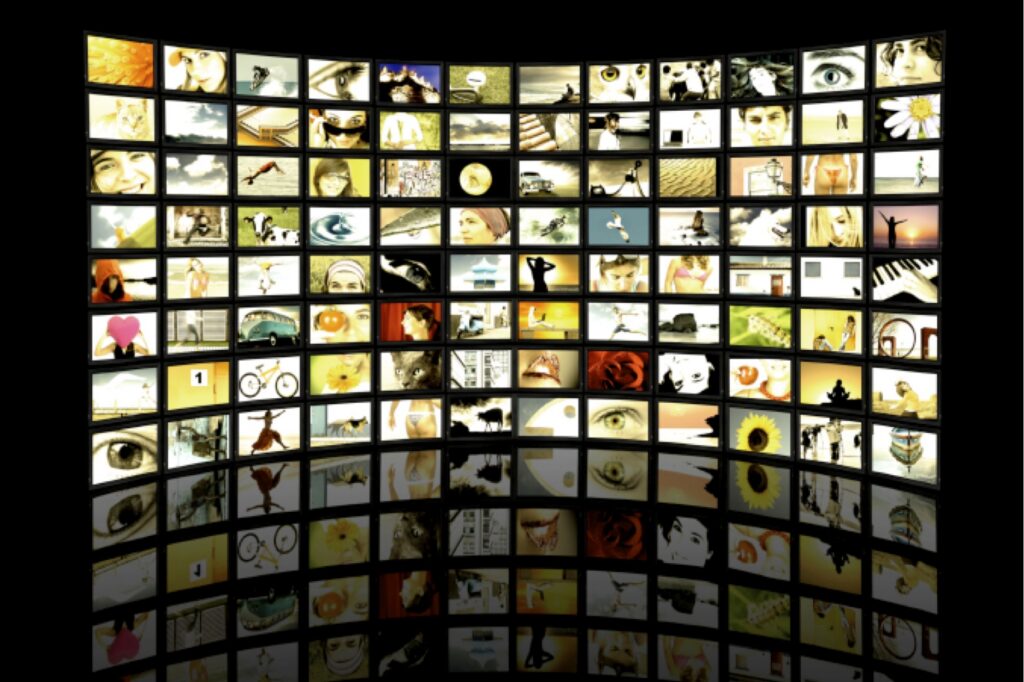 image compilation of a variety of television screens featuring various images