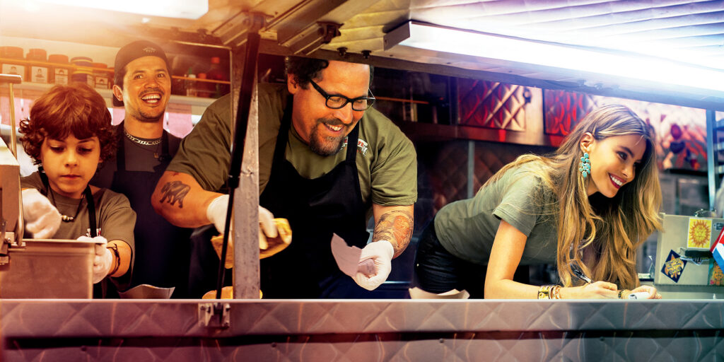 Still from the film "Chef" starring Jon Favreau, Robert Downey Jr., and Scarlett Johansson.