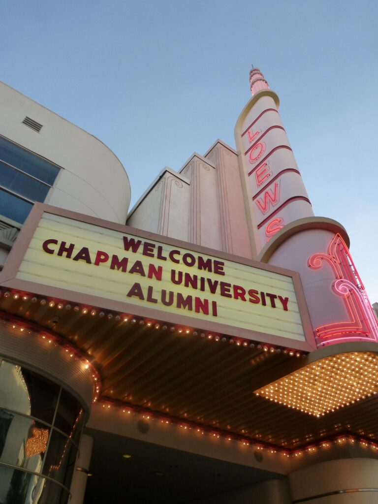 image of Loews theater marquee that reads "welcome Chapman University Alumni"
