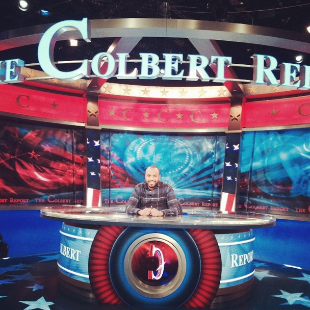 Image of Justin Simien on the set of THE COLBERT REPORT