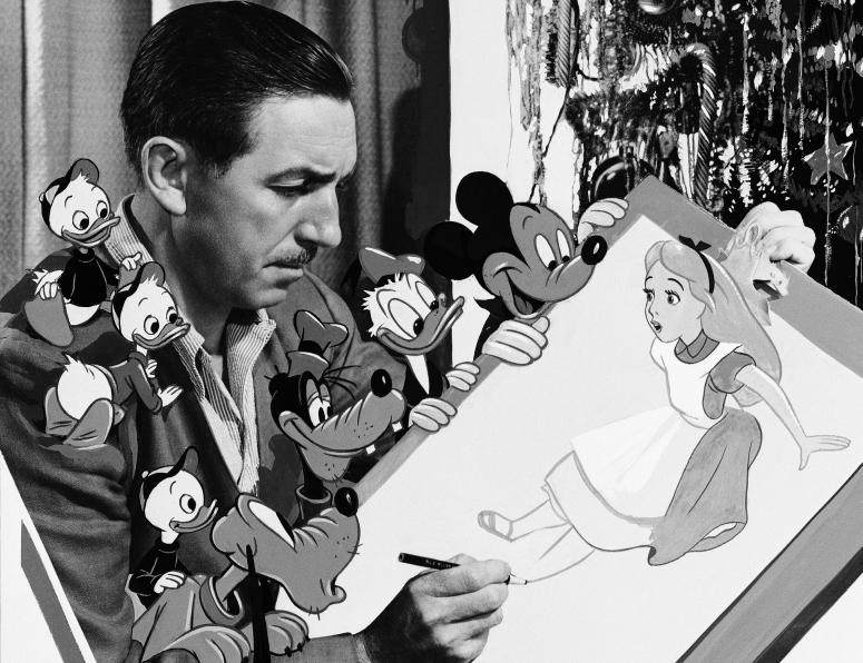Image of Walt Disney animating Alice in Wonderland