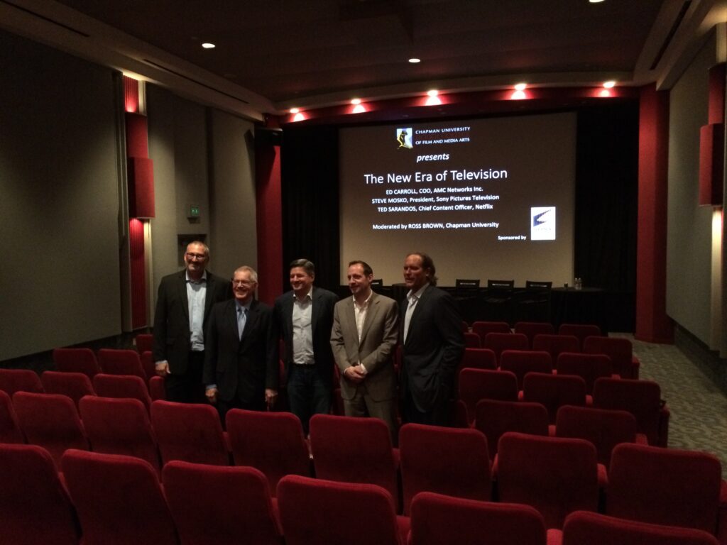 Image of professor Ross Brown, dean Bob Bassett, Netflix's Ted Sarandos, AMC's Ed Carroll and Sony's Steve Mosko at the TV Insiders kickoff event on the Sony lot.
