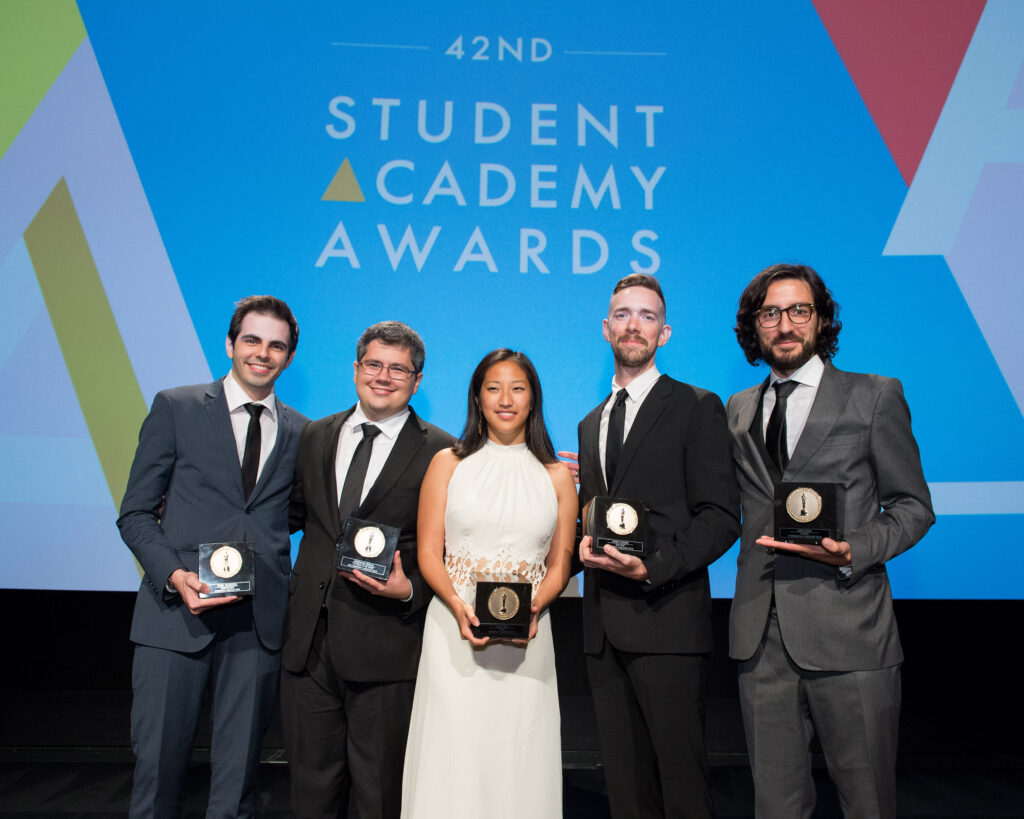 The Academy of Motion Picture Arts and Sciences presented its 42nd Annual Student Academy Awards® on Thursday, September 17, in Beverly Hills. Gold Medal winners (left to right): Alternative film winner Daniel Drummond, Documentary film winner Alexandre Peralta, Animated film winner Alyce Tzue, Narrative film winner Henry Hughes and Foreign film winner Ilker Catak.