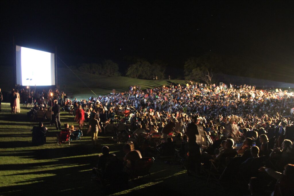 people on lawn watching film