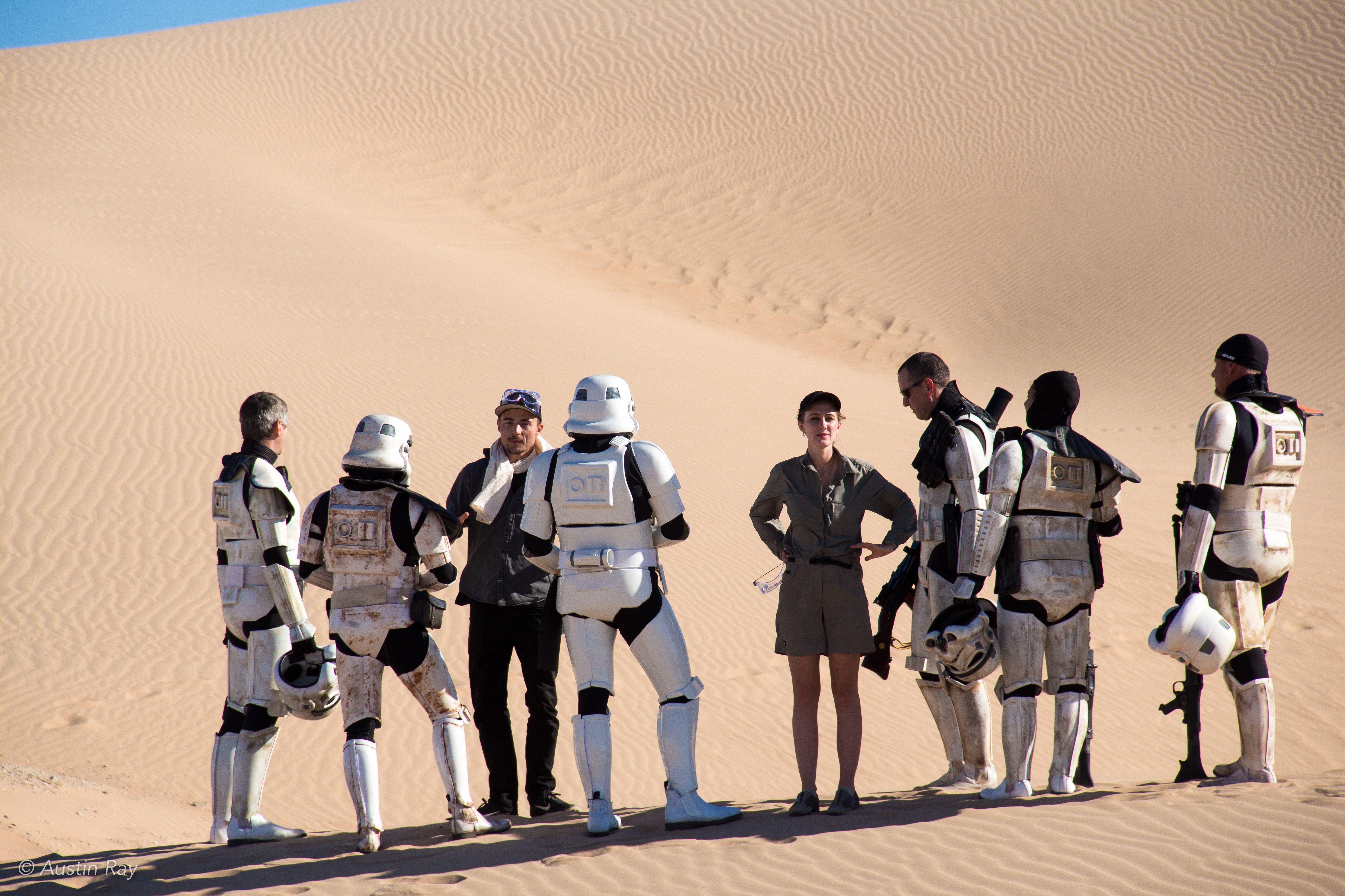 1st AD Trevor Stevens and Producer Westin Ray swap Star Wars jokes with Sandtroopers between takes.