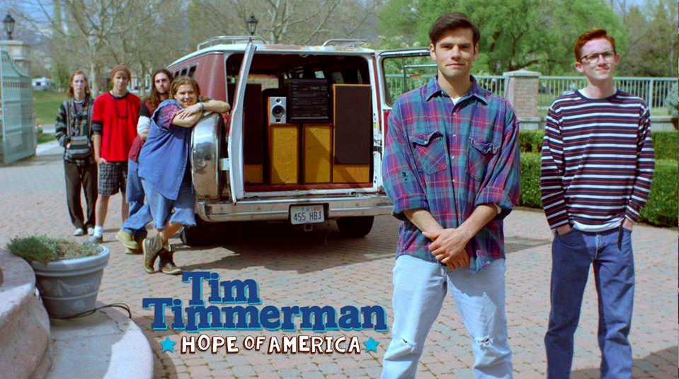 two men standing in front of a van packed with music equipment