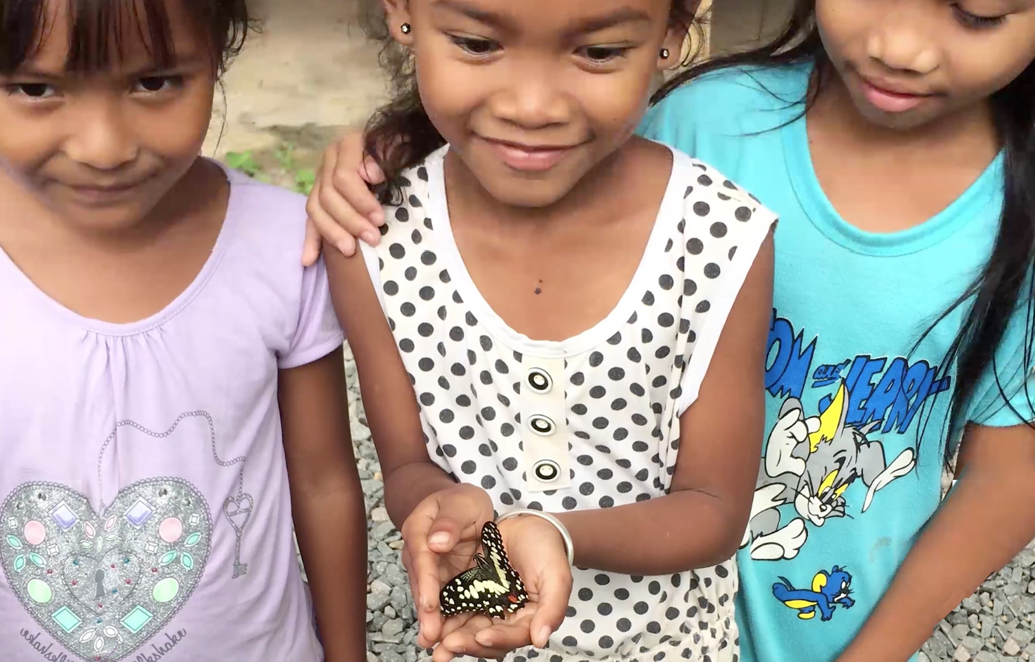 Three girls hold a butterfly.