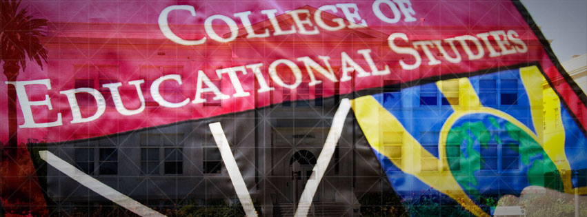 College of Educational Studies flag with building overlapped.