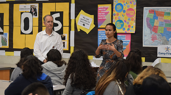 LA Times speaking to Yorba middle school students and Chapman mentors