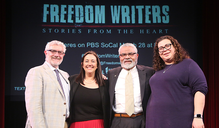 Freedom Writers panelists Daniiele Struppa, Erin Gruwell, Carl Cohn, and Sue Ellen Alpizar